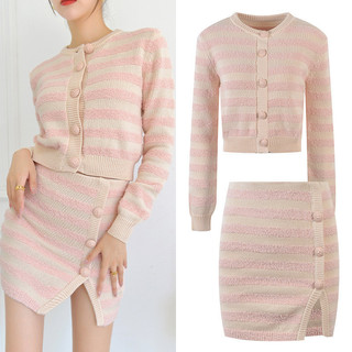 round Neck Multicolor Striped Plush Coat for Women High Waist Slit Skirt Suit2022Early Autumn New Two-Piece Suit