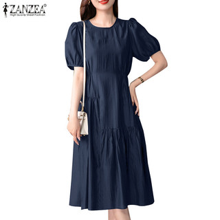 Zanzea Nữ Thời Trang Hàn Quốc Cổ Tròn Tay Phồng Co Giãn Eo Phù Hợp Với Nối Chữ A Đầm