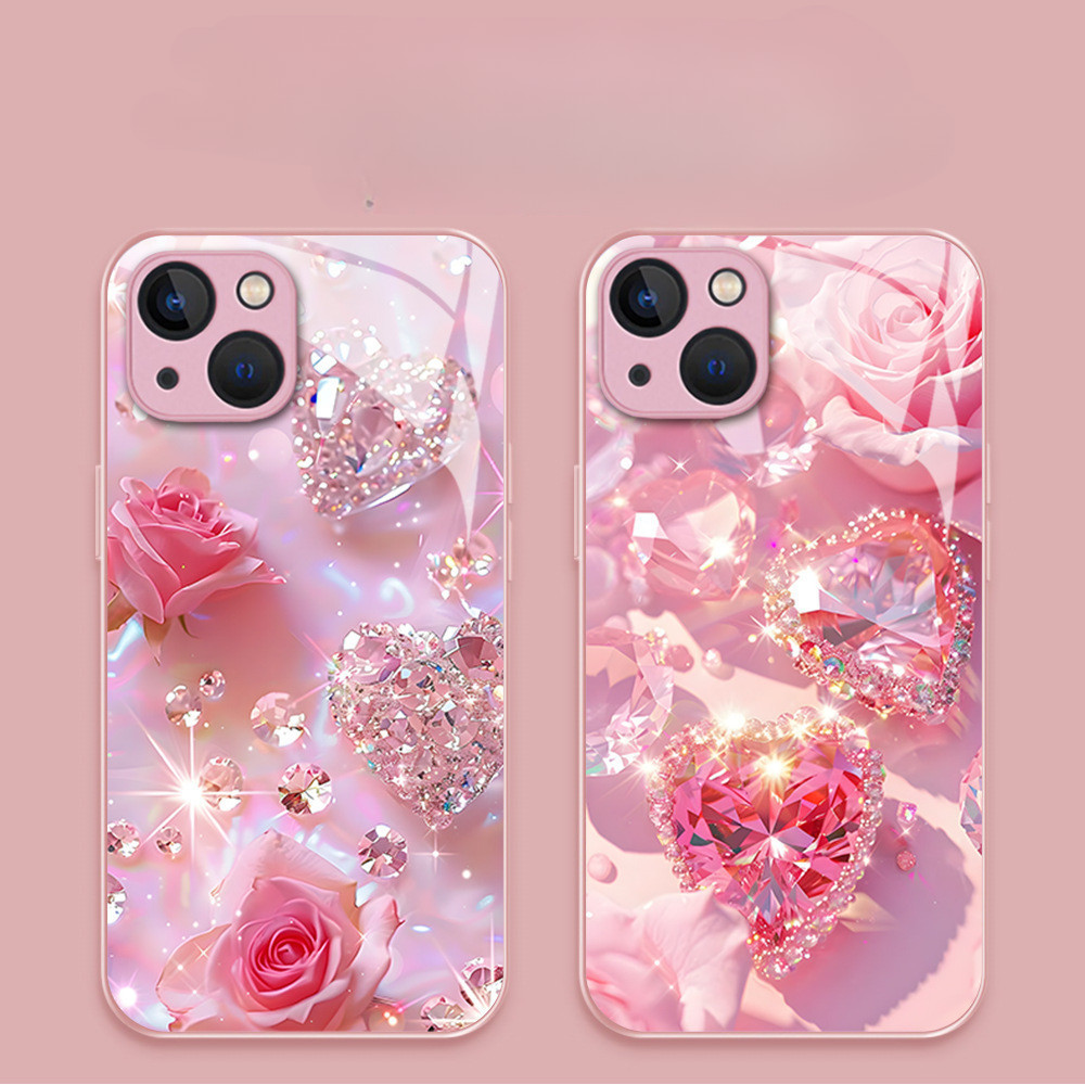 Ốp Điện Thoại Hồng Kim Cương Hoa Hồng Chống Rơi Bảo Vệ Vỏ Kính Cường Lực Cho iPhone 16 15 14 8 7 Plus 13 12 Mini 11 Pro Max X XR XS Max 15Plus 14Plus OPPO VIVO xiaomi Samsung