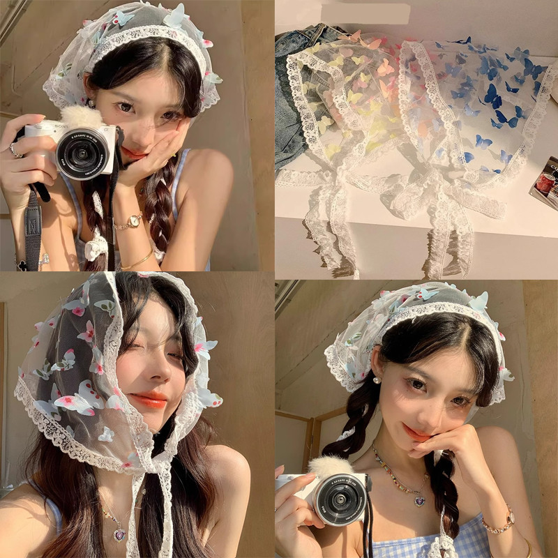 Đẹp Sống Động Bướm Ren Turban Đầu Kerchief Lưới Tóc Bandana Tam Giác Mũ Khăn Lau Tóc