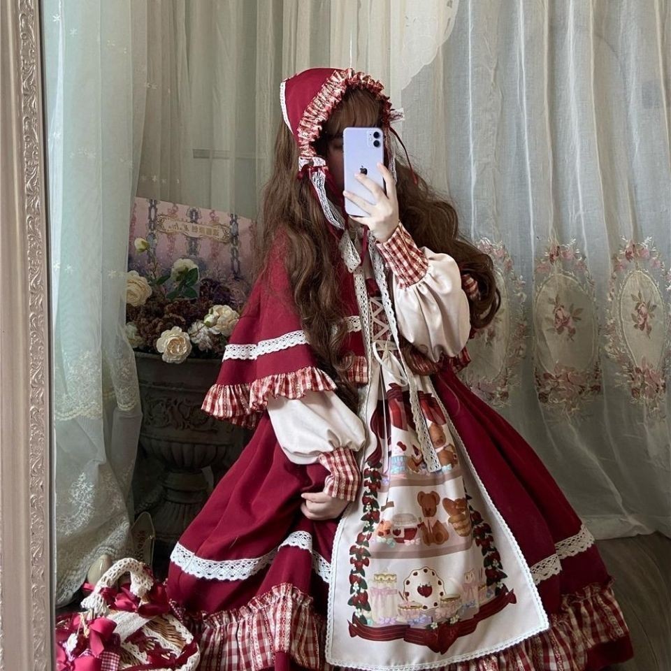 Áo hoodie cưỡi ngựa nhỏ màu đỏ Lolita Berry Girl oplolita Váy Nhật Bản Váy Lolita Trọn bộ Trẻ em lớn