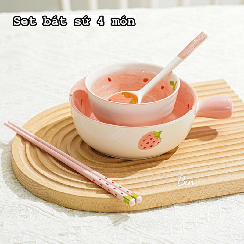 Set Bát Dâu 4 Món (1 Bát Có Quai + 1 Bát Con + 1 Thìa + 1 Đũa)