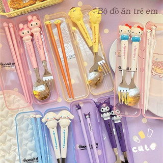 Bộ muỗng nĩa đũa inox cho bé kèm hộp đựng - Kuromi Cinnamoroll dễ thương tiện dụng
