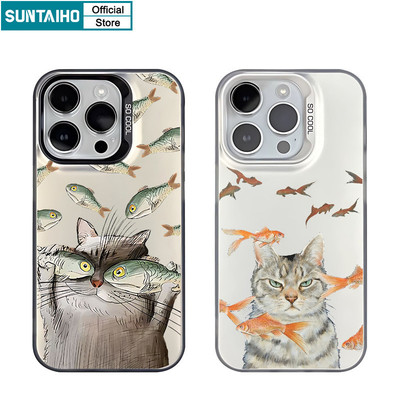 Suntaiho Chất Lượng Cao Ngộ nghĩnh Vỏ Mèo Họa Tiết Cá Ốp lưng Iphone 15 14 13 12 11 Pro Max TPU Silicon Mềm Cao Cấp Chống Sốc Ốp Lưng