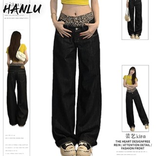 Hanlu Quần jean in họa tiết da báo Mỹ mới của phụ nữ quần lau ống rộng thẳng