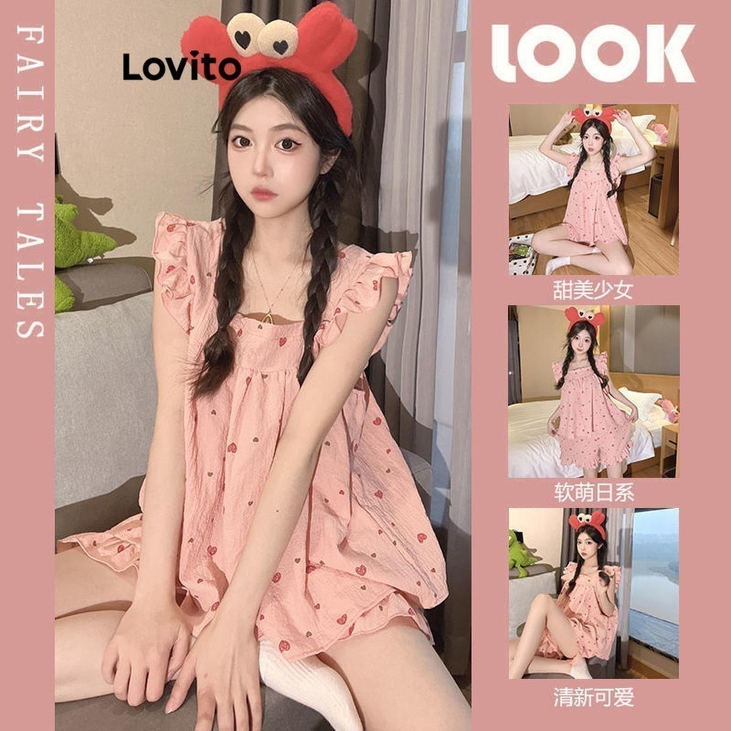 Bộ đồ ngủ Lovito xếp nếp họa tiết hoa phong cách thường ngày dành cho nữ LNA57218