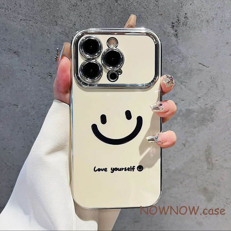 Iphone 16 15 14 13 12 11 Pro Max X XR Max 7 8 Plus INS Phim hoạt hình dễ thương và đơn giản Ốp điện thoại cười với cửa sổ lớn mạ điện và vòng tay bạc