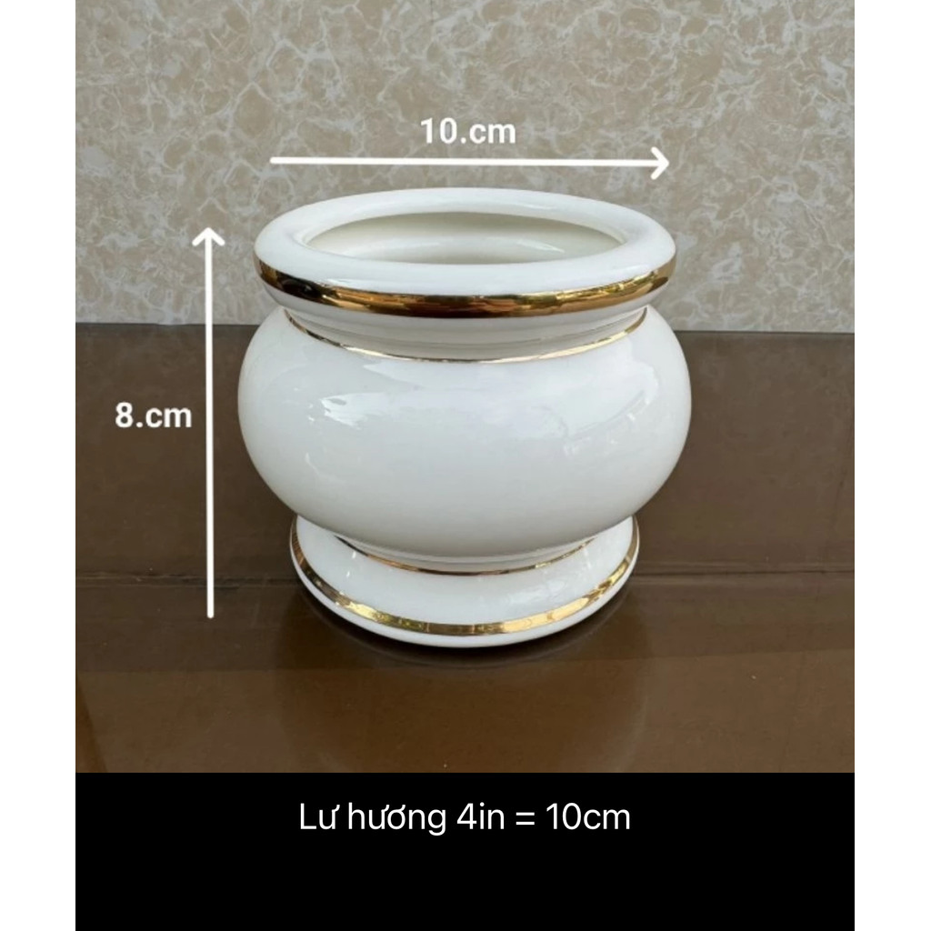 Lư Hương Thờ Cúng Thuộc Bộ Men Sứ Đá Trắng Viền Bạc