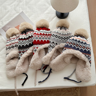   3-10 Tuổi  Mũ Len Phong Cách Cha Mẹ-Con Phiên Bản Hàn Quốc Retro Nhìn Mặt Nhỏ Mùa Đông Sang Trọng Mũ Dày Ấm Áp Đi Xe Đạp Bảo Vệ Tai Lạnh Mũ Lei Feng A410 