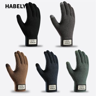 HABELYI Găng tay len cashmere dệt kim dày màu trơn có thể dùng màn hình cảm ứng giữ ấm mùa thu đông cho nam