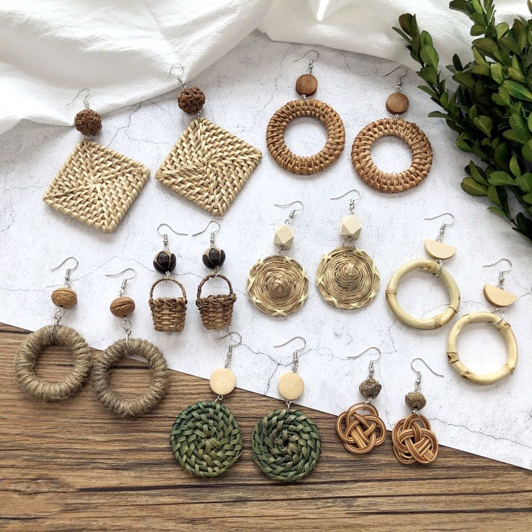 New Product#Vintage Forest Style Grass Woven Handmade Earrings Bohemian Vacation Style Stud Earrings