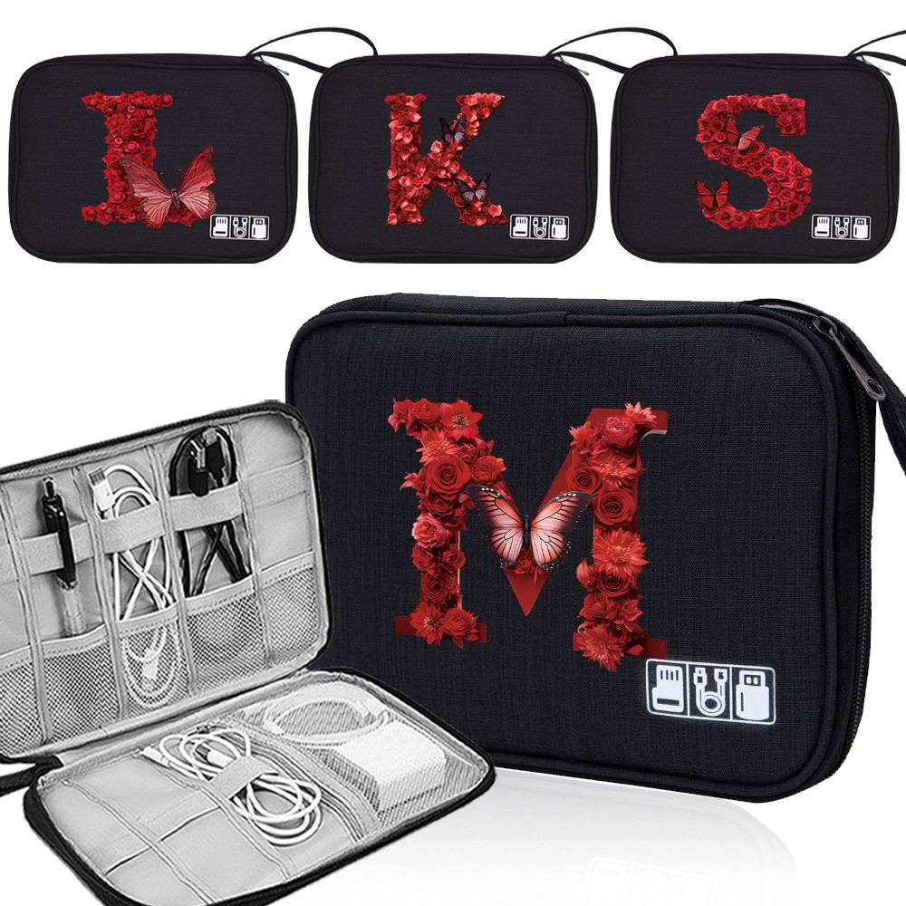 Digital bag Mobile Power Bag Cable Storage Charger Bag Red Rose Pattern Multifunctional storage Coin