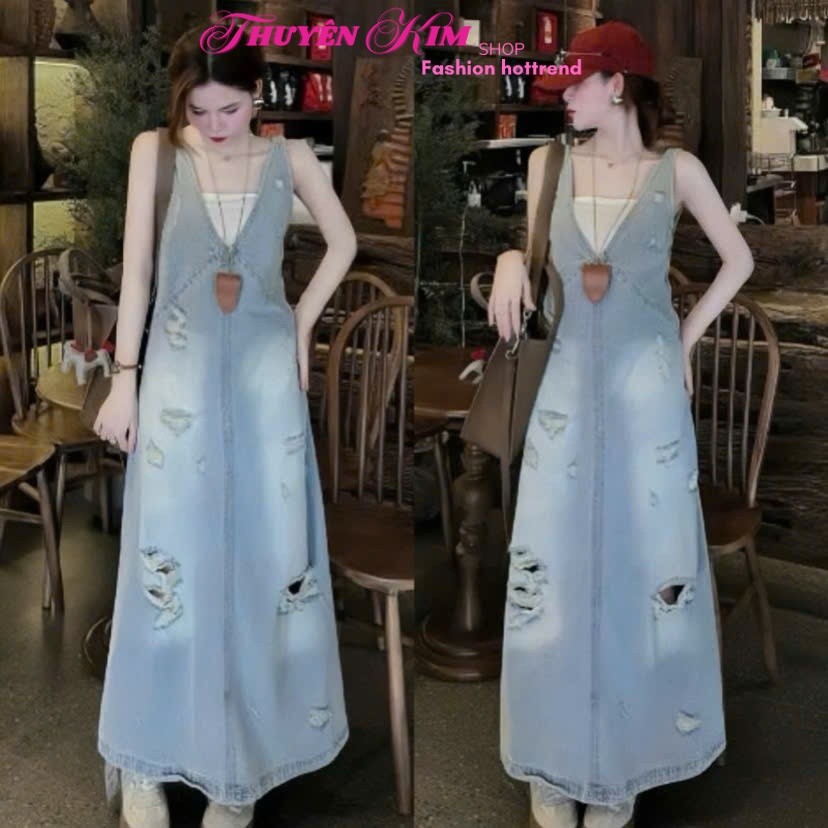 DX_Set đầm Jean, set đồ nữ mặc hè áo lót trong phối đầm Jean Quảng Châu suông rách dáng dài
