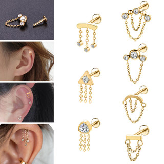  Bông tai inox xuyên mũi 16G đá pha lê dây xích đôi tòn ten 6mm 8mm kiểu xoắn ốc vàng 