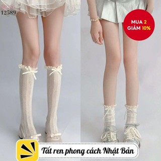 Cao đến đầu gối Lolita Nhật Bản - Tất Cotton ba lê viền nơ & ren cho phong cách nữ sinh