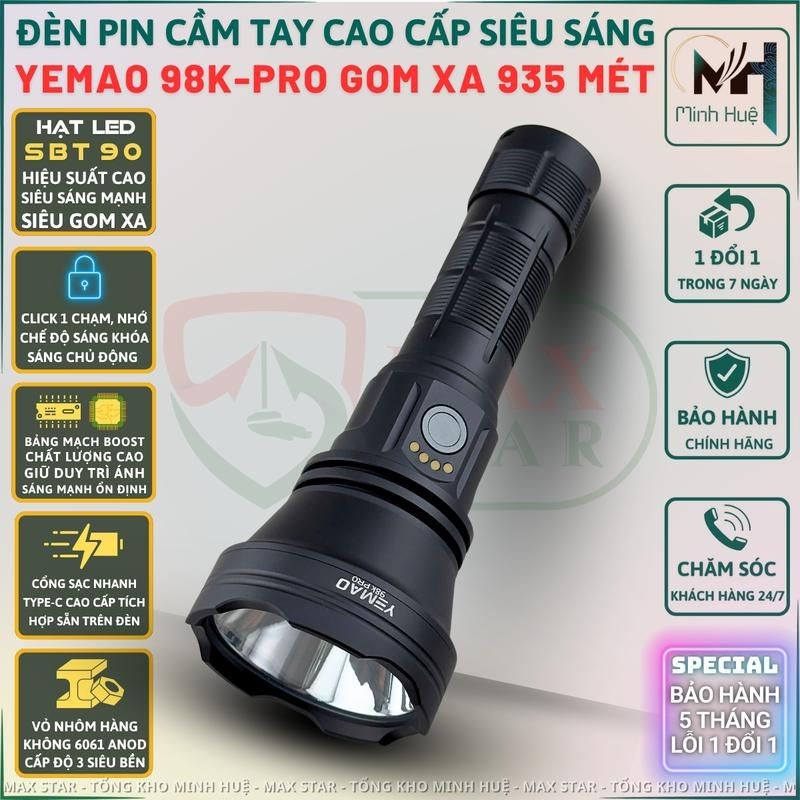Đèn pin cầm tay siêu sáng YEMAO K98 PRO cao cấp LED SBT90 pin 21700 chống nước, siêu sáng mạnh siêu 