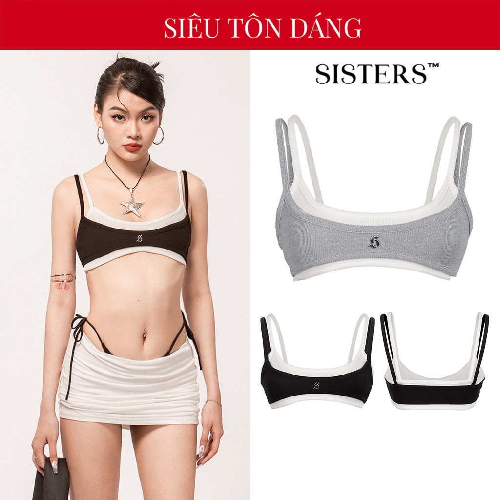 Áo hai dây croptop kiểu SISTERS set tách rời đen trắng và trắng xám gợi cảm Leti SIS-CLUB| SS4-T4