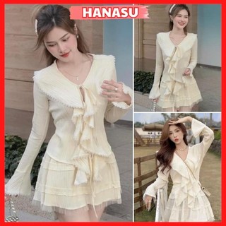 Set váy áo nữ chiết eo bánh bèo phối chân váy xoè tiểu thư bộ nữ bèo chất đũi gân phối ren sang trọng B804 - HANASU 