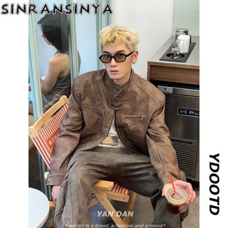 Sinransinya Áo khoác nam mới với phong cách cổ điển Mỹ sang trọng đường phố, màu cà phê nâu thích hợp, bộ đồ xe máy phi công, áo khoác da, áo thời trang dành cho cặp đôi trẻ trung