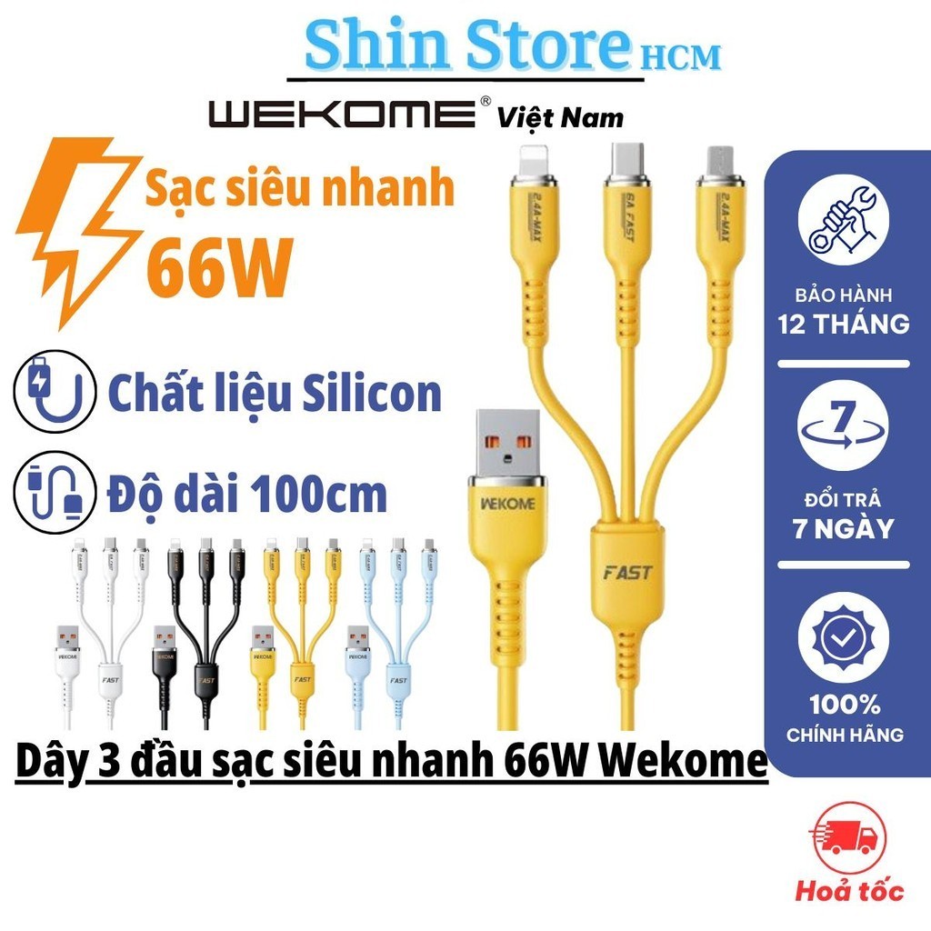 WEKOME Dây sạc 3 đầu siêu nhanh 66W, WDC-07 siêu bền chất liệu hợp kim kẽm tích hợp typeC micro lP -