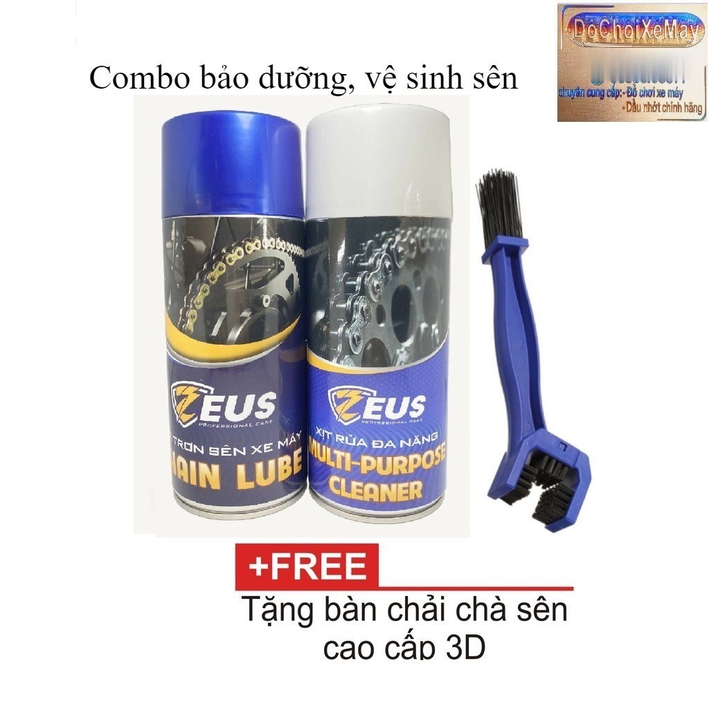 Combo Dưỡng sên Zeus chain Lube 400ml, Rửa sên Zeus Chain Cleaner 400ml Tặng bàn chải vệ sinh sên Ca