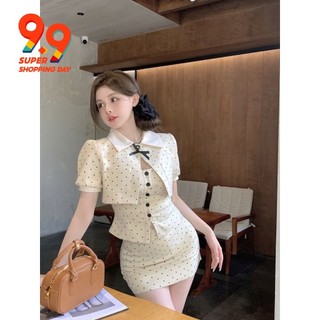 Chấm Bi Phù Hợp Với Nơ Áo Khoác Ngắn Tay Slit Top Camisole Mùa Hè Cao Cấp Váy Ngắn Ba Mảnh
