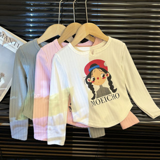 T TIINGXUYU Xuân Thu Phong Cách Thời Trang Phong Cách Hàn Quốc Áo Thun Bé Gái Dài Tay Phong Cách Thu Đông Trẻ Em Đáy Áo Sơ Mi Bé Gái Cổ Tròn In Sọc