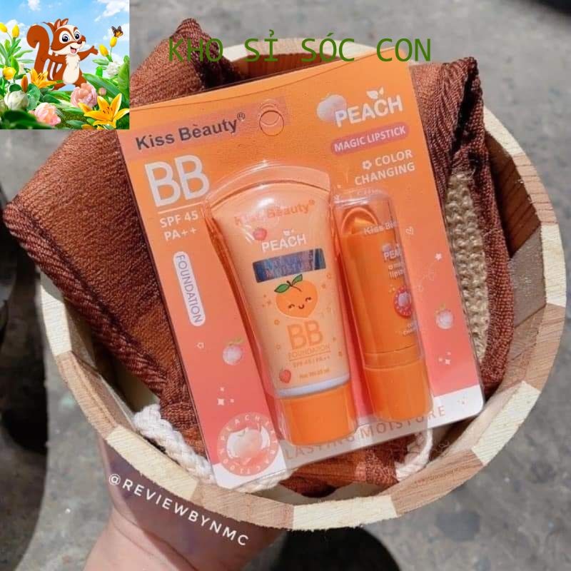 Kem nền Peach Kiss Beauty kiềm dầu + Son dưỡng môi Kiss beauty soc.con92