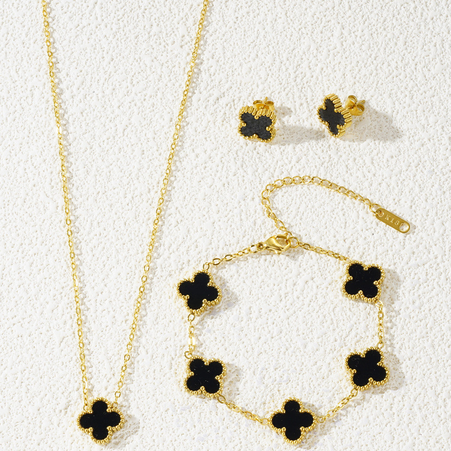 Cỏ bốn lá 18K vàng hai mặt Titan thép May Mắn Vòng Cổ Hoa Bốn Lá Vòng tay hoa tai đinh tán Tinh tế bộ đồ trang sức cỏ ba lá