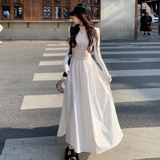 Váy dài Đầm maxi dáng dài Váy body thu đông Váy liền dệt kim màu trắng thiết kế phong cách Hàn Quốc nữ mùa thu 2024