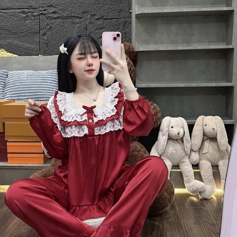 Bộ pijama lụa Latin cổ vuông phối ren 2 tầng, đồ ngủ tay dài quần dài có túi quần đủ size 40 - 80kg