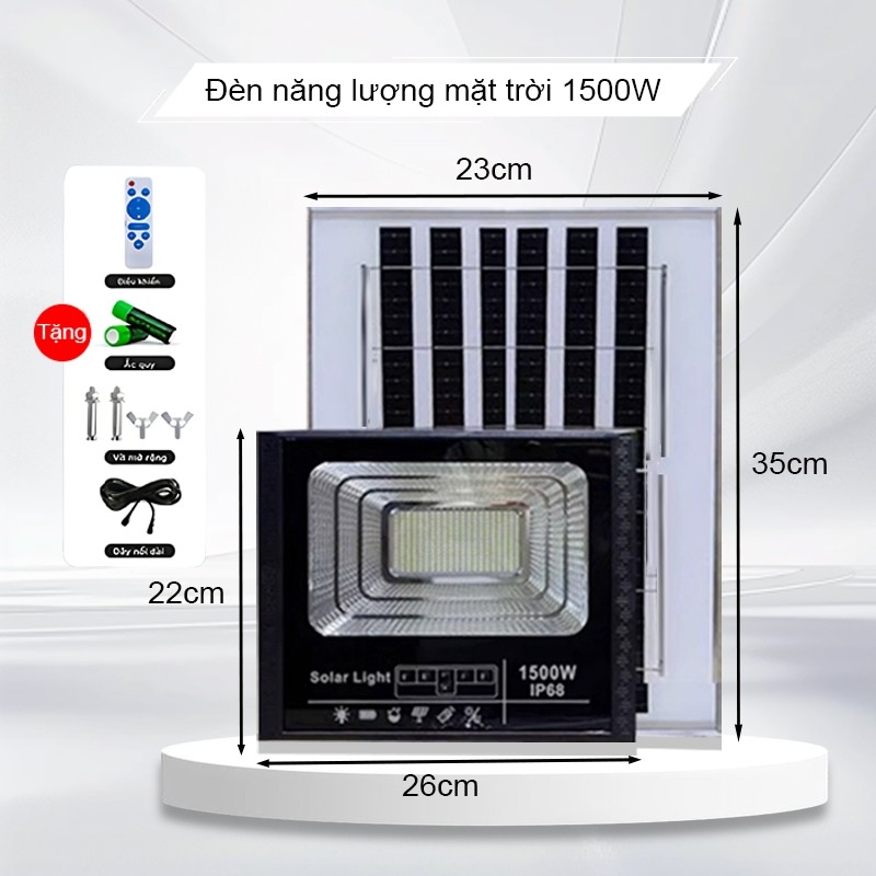 Đèn năng lượng mặt trời: Dung lượng pin 1500W, PANEL pin 12 giờ, vỏ nhựa ABS, chống nước IP68.