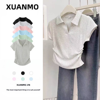  XUANMO Local brand Áo baby tee Áo Thun ôm body Áo y2k 100% cotton Áo thun nam slim-fit cổ polo màu xám phong cách Hàn Quốc mùa hè 