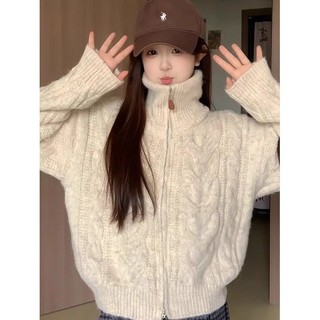  Áo khoác cardigan len cao cổ có khóa kéo cho phụ nữ mùa thu đông dày dặn 
