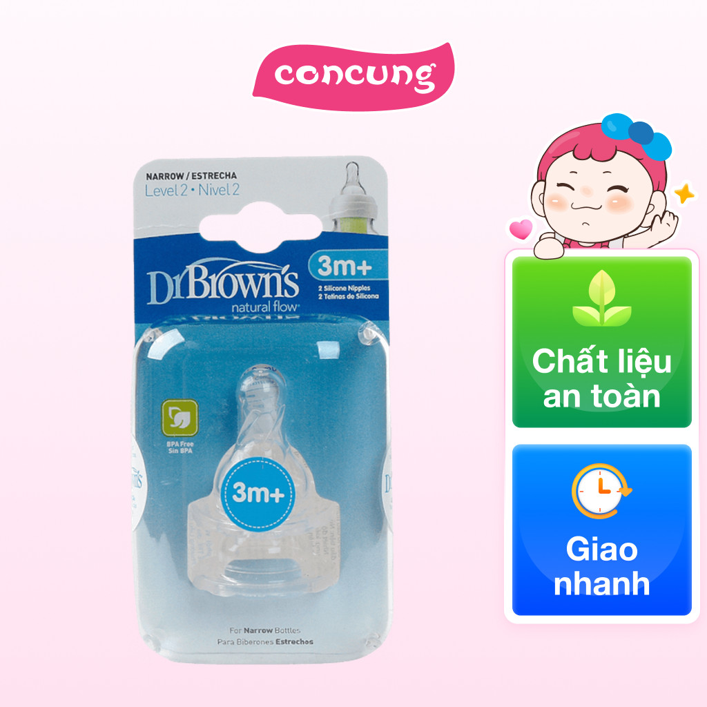 Núm ty thay thế Silicon Dr.Brown's Cổ hẹp (2 cái, số 2, 3-6M)