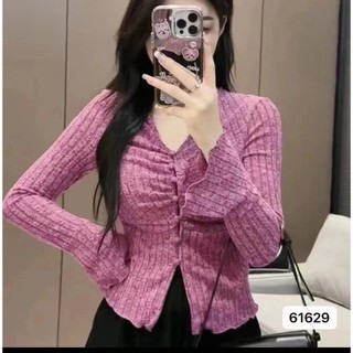 Mùa Thu Phong Cách Mới Nữ Cổ Chữ V Xếp Ly Ngực Slim-fit loe Tay Dài Tay Top
