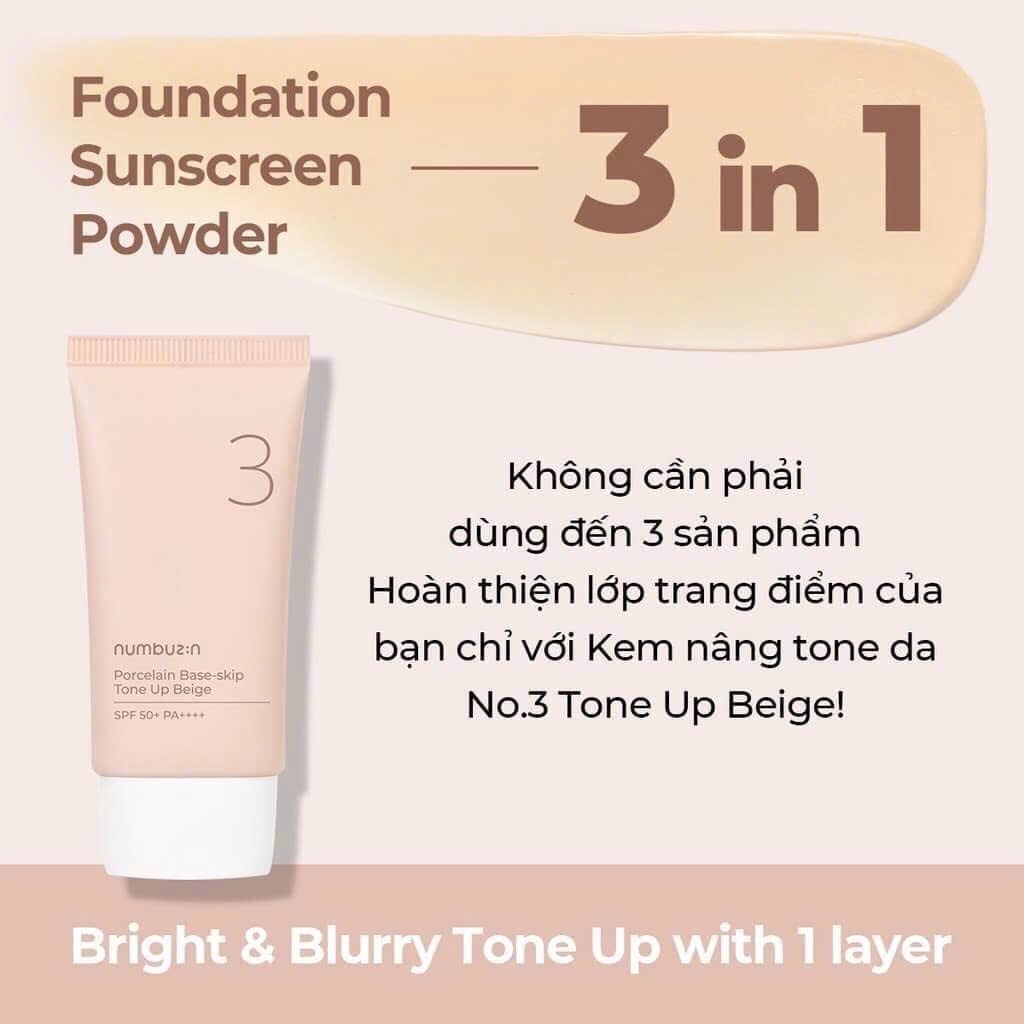 Kem Chống Nắng Nâng Tone Numbuzin No.3 Porcelain Base-skip Tone Up Beige SPF50+ 50ml