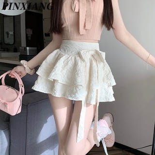 Pinxiang Nữ nơ gió ngọt ngào Váy bánh Pongee váy cạp cao