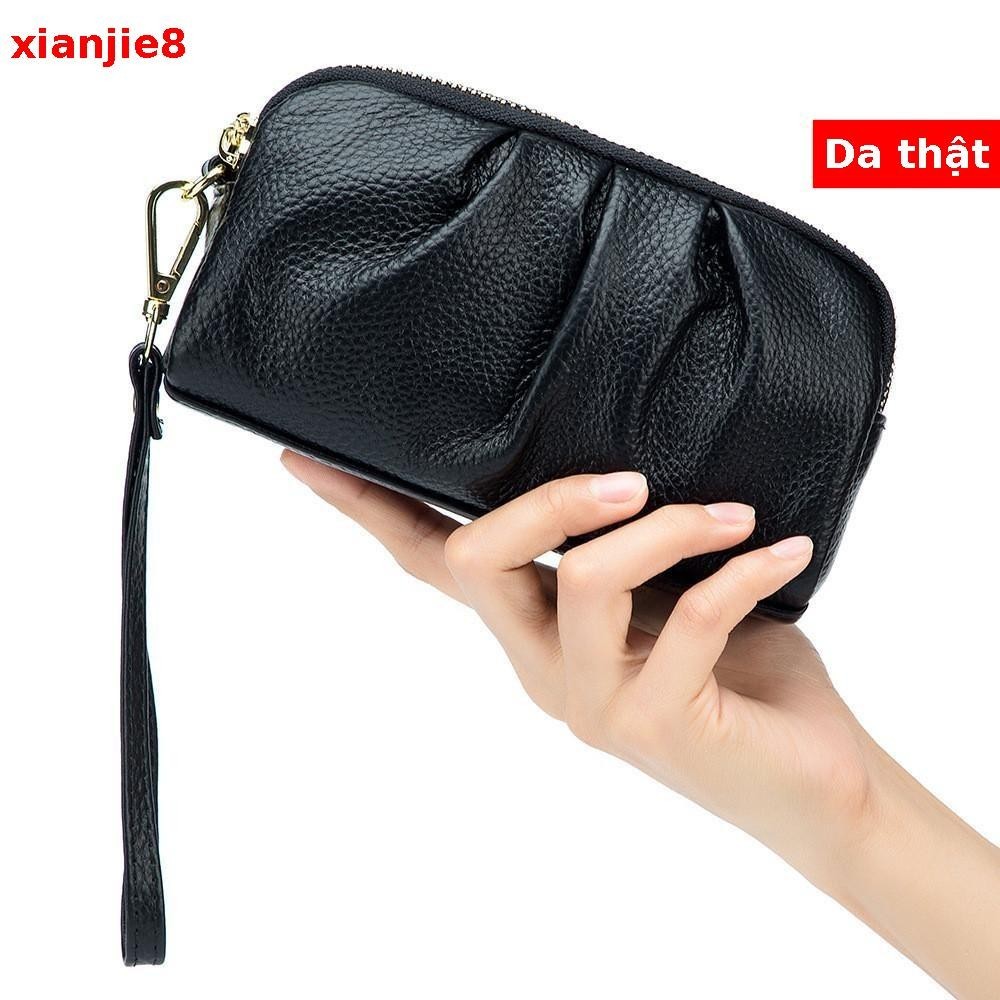 Túi Ly Hợp Da Thật Chính Hãng Nữ Lớp Đầu Tiên Da Bò Dây Kéo Hai Lớp Đồng Xu Cao Cấp