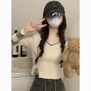Daxingzhepolo Cổ áo màu tương phản Áo len dài tay Slim-Fit Đan Thụy Điển
