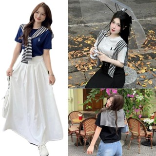 Áo phông ctk thêu ngựa kèm khăn kẻ sọc free size 40-65kg phong cách tiểu thư nữ top women
