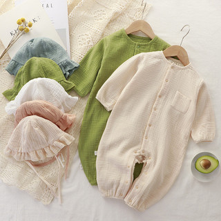 Bé Mùa Xuân Thu Phong Cách Mới Áo Liền Quần Dài Sơ Sinh Cotton Màu Trơn Gạc Jumpsuit Bé Mùa Hè Bộ Đồ Ngủ