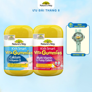 Combo Kẹo Dẻo Vi Chất Cho Bé Nature's Way Kids Smart Vita Gummies Calcium+Vitamin D Và Multi Vitamin Fussy Eaters 60v/h