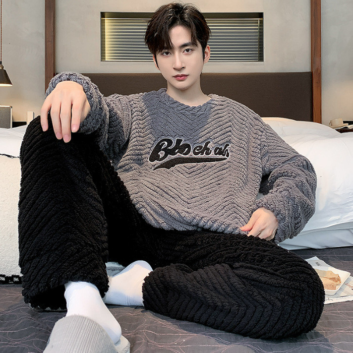 2023 mới bộ đồ ngủ nam mùa đông lót lông cừu dày flannel cổ tròn áo chui đầu ấm áp lông cừu san hô mặc nhà