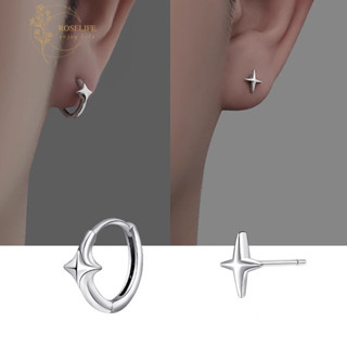 Roselife Unisex Mát Bạc Chữ Thập Ngôi Sao Vòng Tròn Vòng Bông Tai Dành Cho Nam Nữ Thời Trang Đường Phố Bông Tai Tròn Phụ Kiện Trang Sức