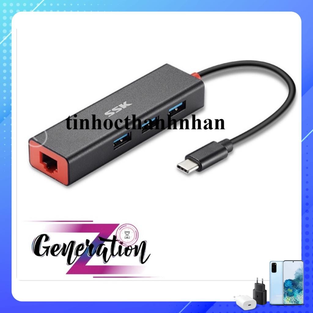 Cáp chuyển Type C (USB 3.1)sang Lan 10/100/1000 + Bộ chia 3 cổng USB(3.0)SSK SHU-C540