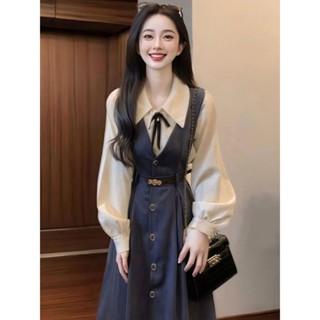  Xuwenjian Khuyến Mãi Tóc Thẳng XUWENJIAN Khuyến Mãi Tóc Thẳng Pháp Thu Đông Nghệ Thuật Retro Đi Lại Phong Cách Mới Áo Vest Đầm Preppy Áo Sơ Mi Tay Dài Giảm Tuổi Bộ Đồ Hai Mảnh 