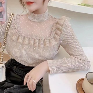 Mùa xuân và mùa thu mới của phụ nữ sexy pleuche dài tay hàng đầu thời trang khâu lưới nửa cao cổ đáy áo đa năng trong suốt ren dài tay áo ngắn hàng đầu oixe
