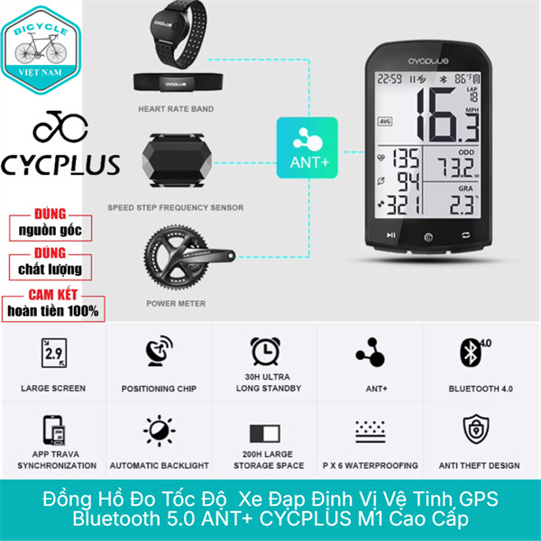 Đồng Hồ Đo Tốc Độ Xe Đạp Định Vị Vệ Tinh GPS CYCPLUS M1 Kết Nối Blutooth 5.0 ANT+