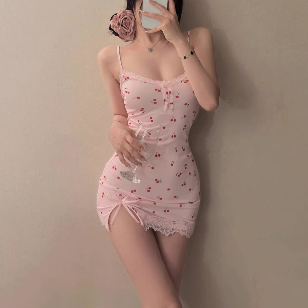 Đầm ngủ camisole phong cách mong muốn thuần khiết dễ thương và gợi cảm với đệm ngực, đầm camisole ng